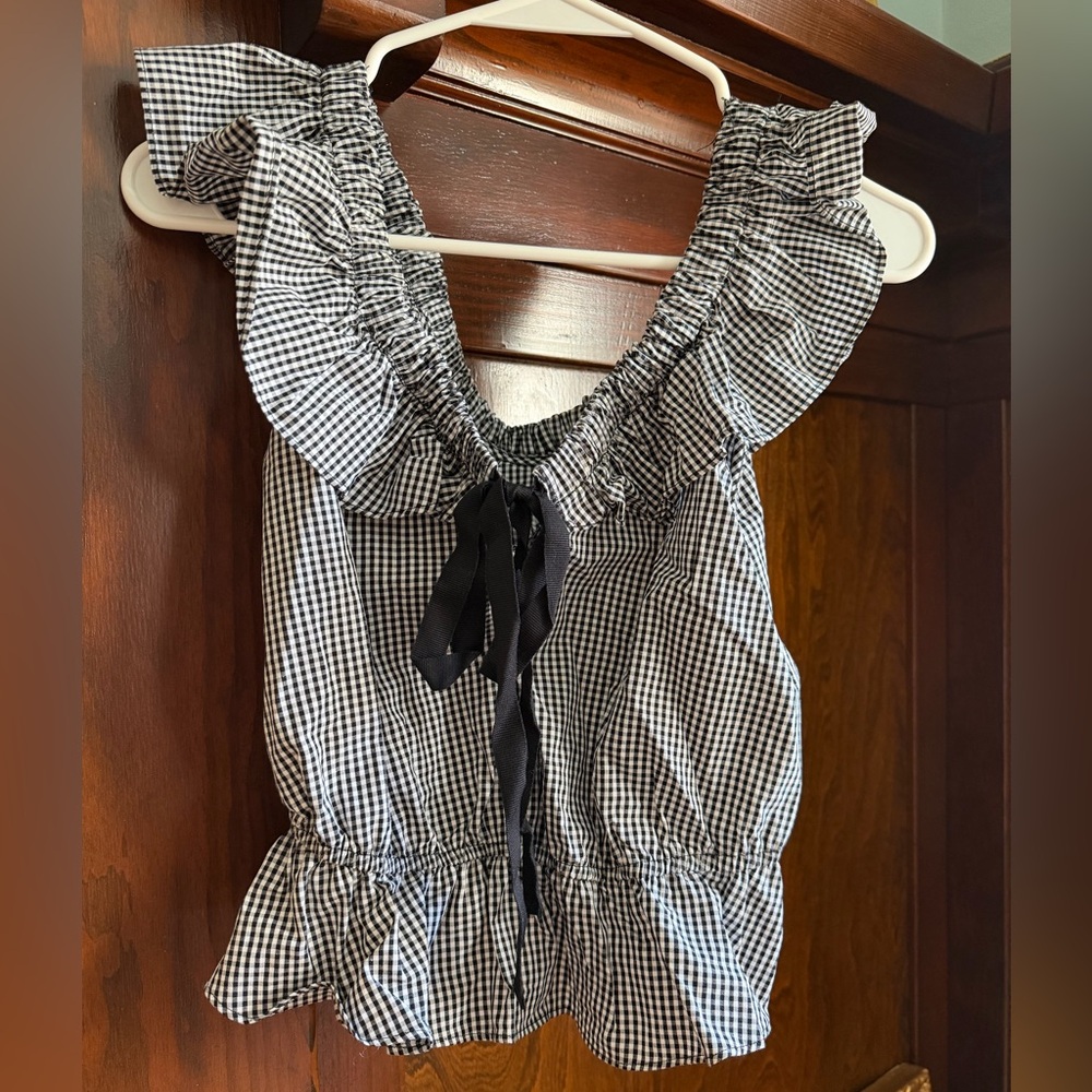 Zara Black and White Gingham Ruffle Top